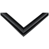 Close-up of a black, glossy picture frame corner forming a right angle, highlighting the smooth surface and joined edges—similar in finish to Empura Refrigeration’s E-KDD3-1 Door Gasket. The modern frame has sharp lines and a reflective finish against a plain white background.