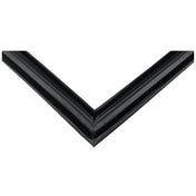Close-up of a black, glossy picture frame corner forming a right angle, highlighting the smooth surface and joined edges—similar in finish to Empura Refrigeration’s E-KDD3-1 Door Gasket. The modern frame has sharp lines and a reflective finish against a plain white background.