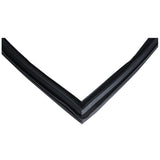 A close-up image shows a black, angular Empura Refrigeration door gasket (E-KDD4-2) with two straight edges meeting at a sharp corner, forming an upside-down V shape. The flexible material has a glossy finish and is set against a white background.