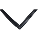 Black rubber weatherstripping, often used as a door gasket in Empura Refrigeration systems, forms a sharp, clean 90-degree corner against a white background. The material appears flexible and smooth with subtle reflections, highlighting the precise joint.