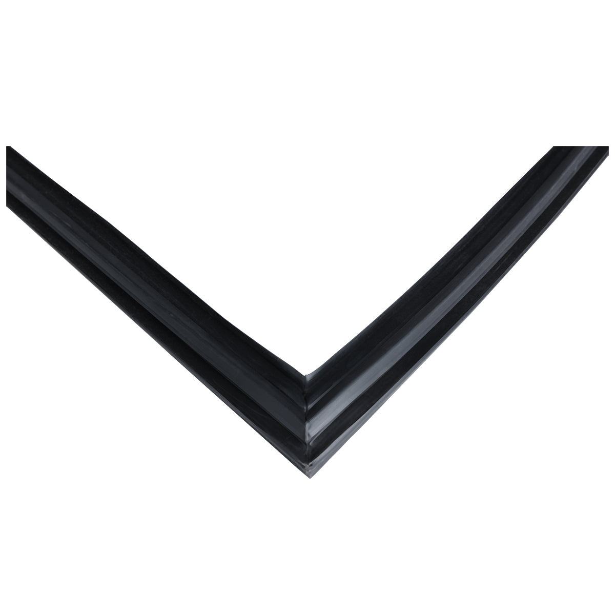 A close-up of a black rubber corner strip, likely serving as a Door Gasket or edge guard for Empura Refrigeration. The strip forms a sharp right angle with smooth surfaces and defined edges, set against a plain white background.