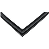 Close-up of a black rubber or plastic strip, bent at a sharp 90-degree angle, creating a V shape on a white background. This Door Gasket, compatible with Empura Refrigeration E-KBB72-3G-24 units, features slight grooves and a smooth texture.