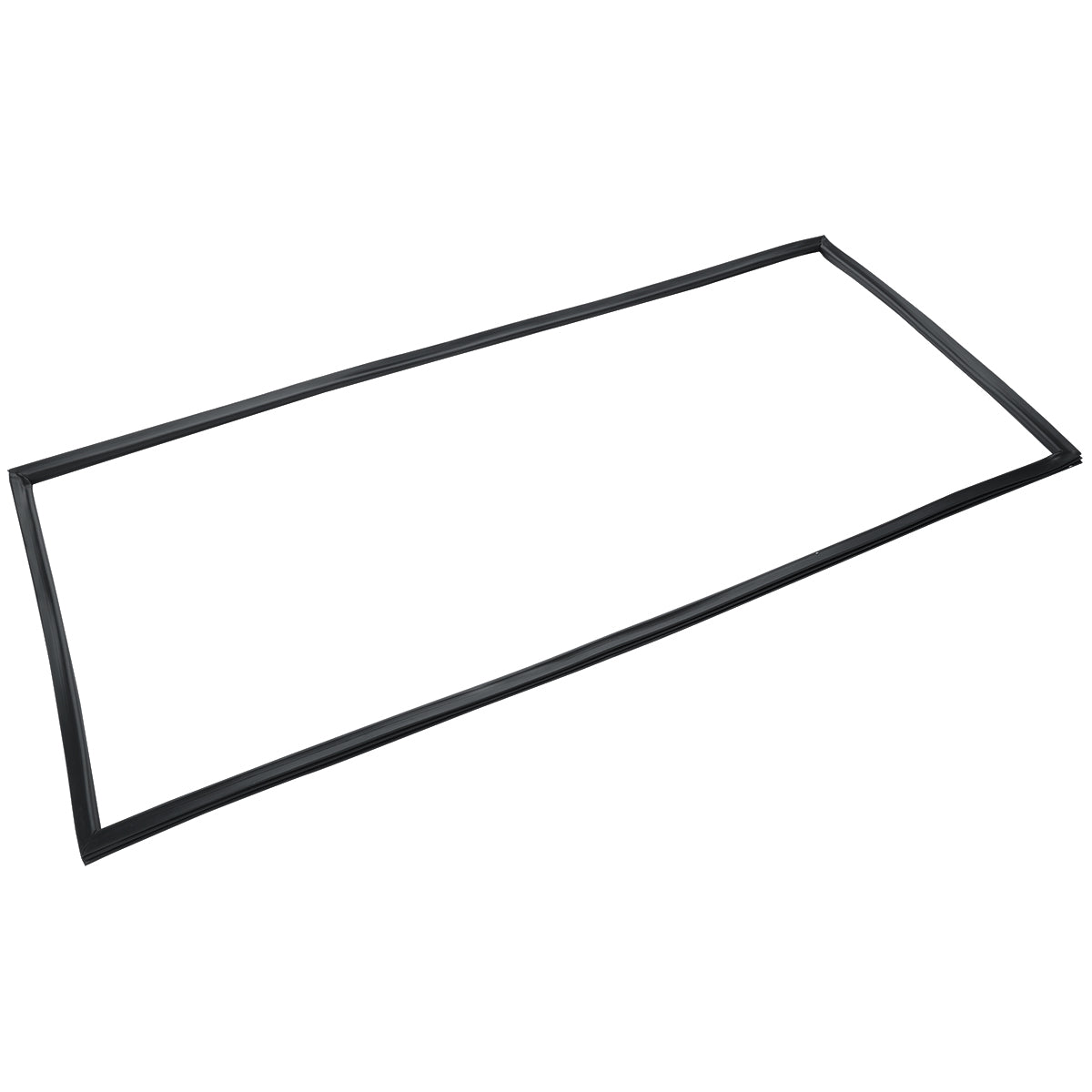 A thin, black rubber or plastic door gasket with a rectangular shape and slightly rounded corners, lying flat on a white background. This flexible Empura Parts gasket is used to seal or cushion between surfaces in Empura Refrigeration units.
