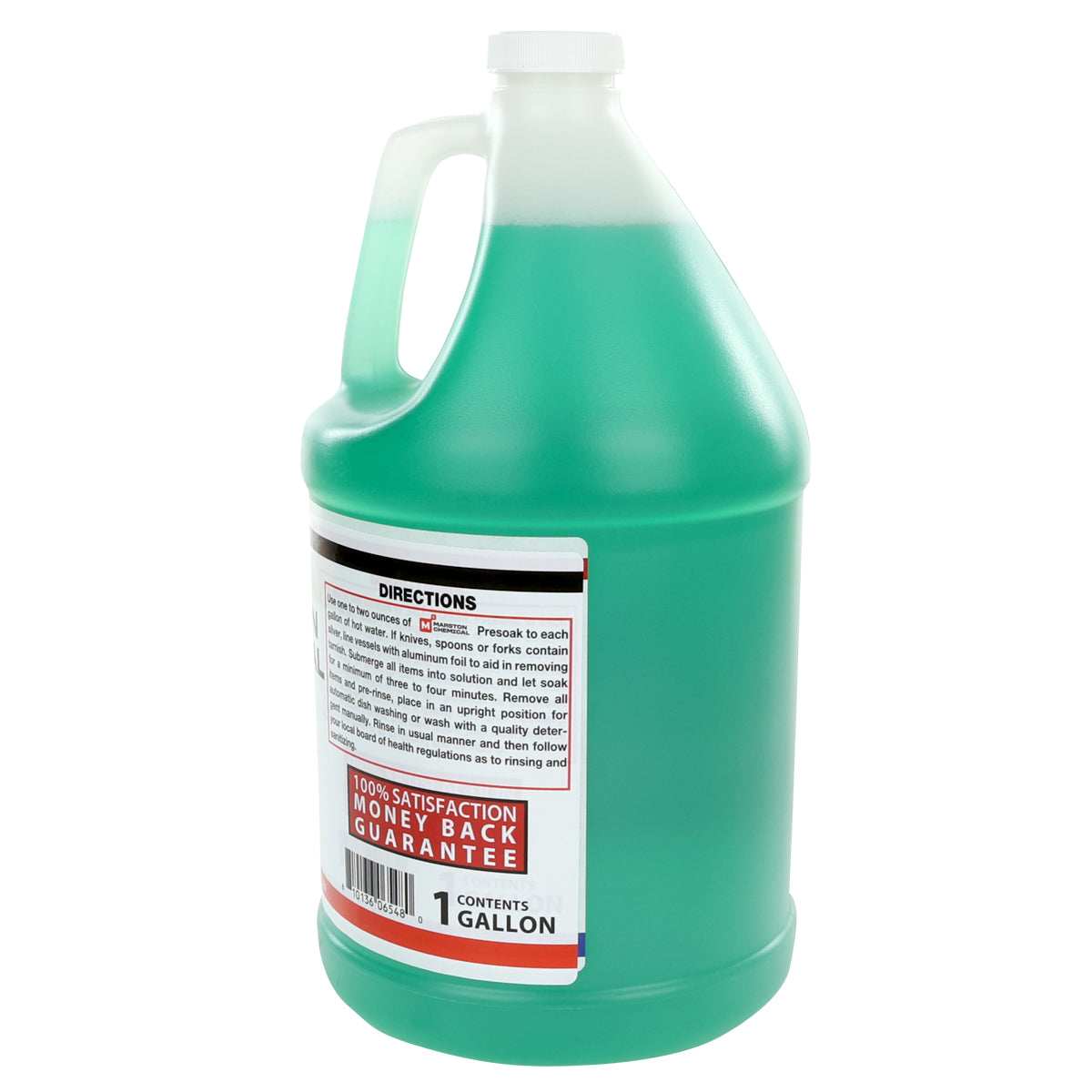 A large, clear plastic gallon jug filled with green silver dip tarnish remover. The jug has a handle and a white screw cap. The label provides directions, safety warnings, a money-back guarantee, and indicates the jug holds one gallon.