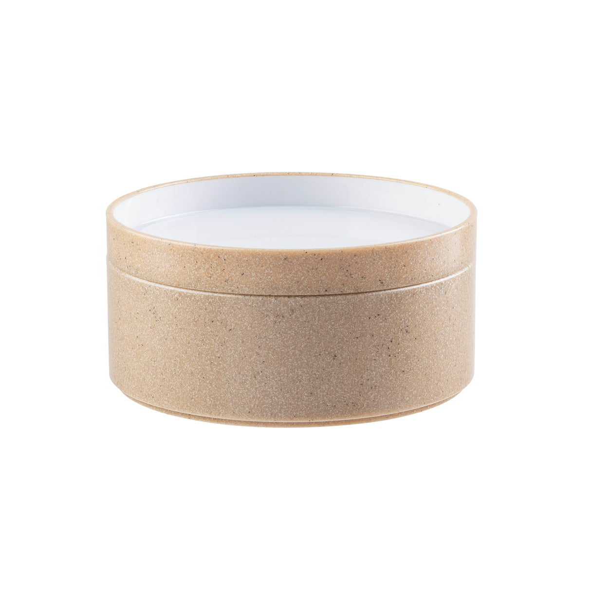 A round, beige, textured container with a removable lid, resembling natural cork. Crafted from styrene plastic, its inside is smooth and white, providing a clean contrast to the earthy exterior. The background is plain white.
