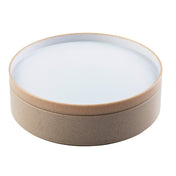 A round, shallow plate with a light brown, speckled base and a smooth, white interior surface. The sides are thick with a slightly raised rim. Simple and modern in design, this stackable plate is perfect for everyday use. Background is plain white.