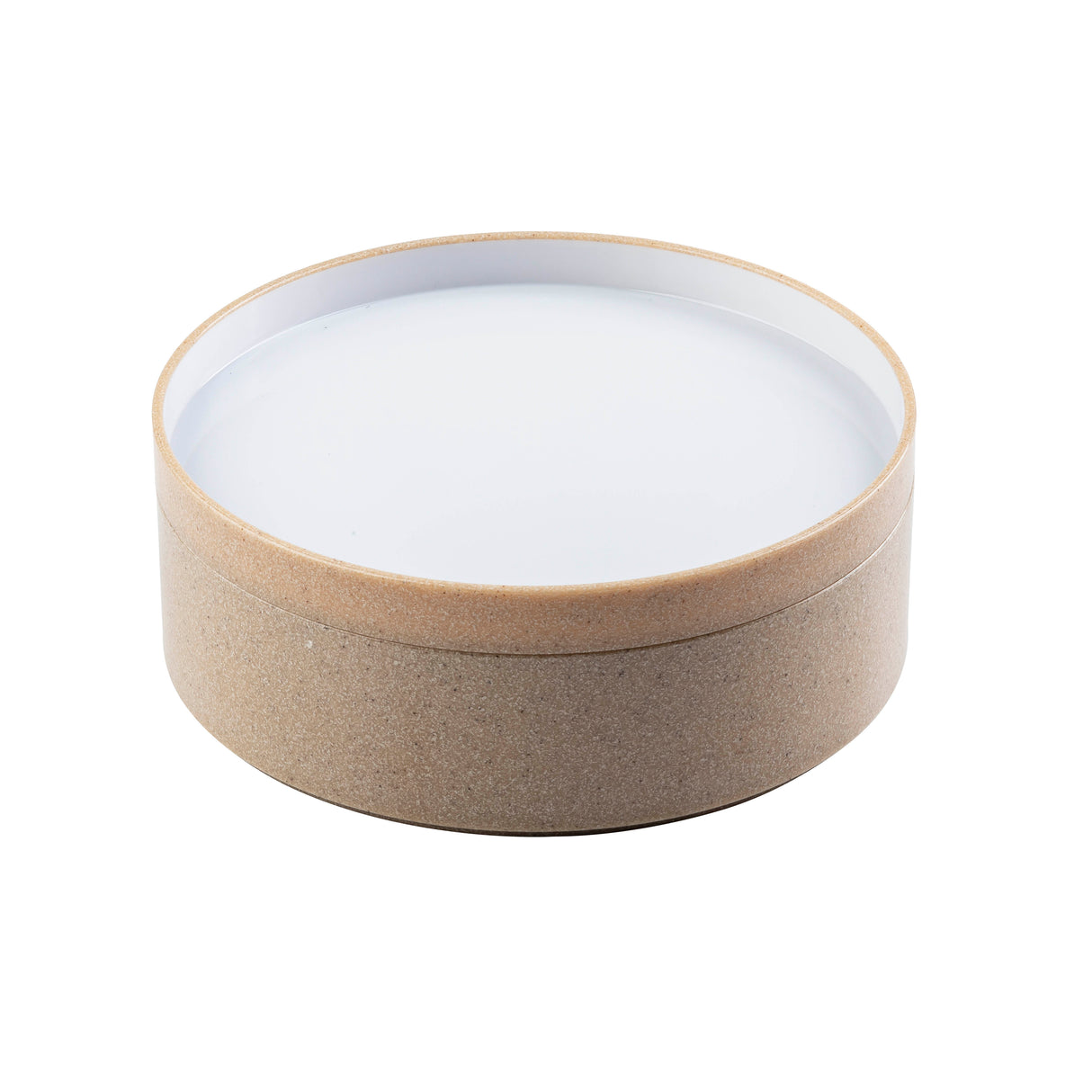 A round, shallow styrene plastic bowl with a beige, textured exterior and smooth white lid. Its clean, simple lines create a minimalist, modern look. This stackable bowl sits on a white background for added versatility.