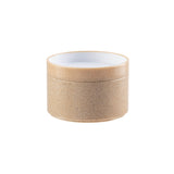 A small, round stackable bowl with a beige, textured exterior and smooth white interior. The container has a matching lid, slightly raised, and is set against a plain white background. Its simple design makes it perfect for minimalist spaces.