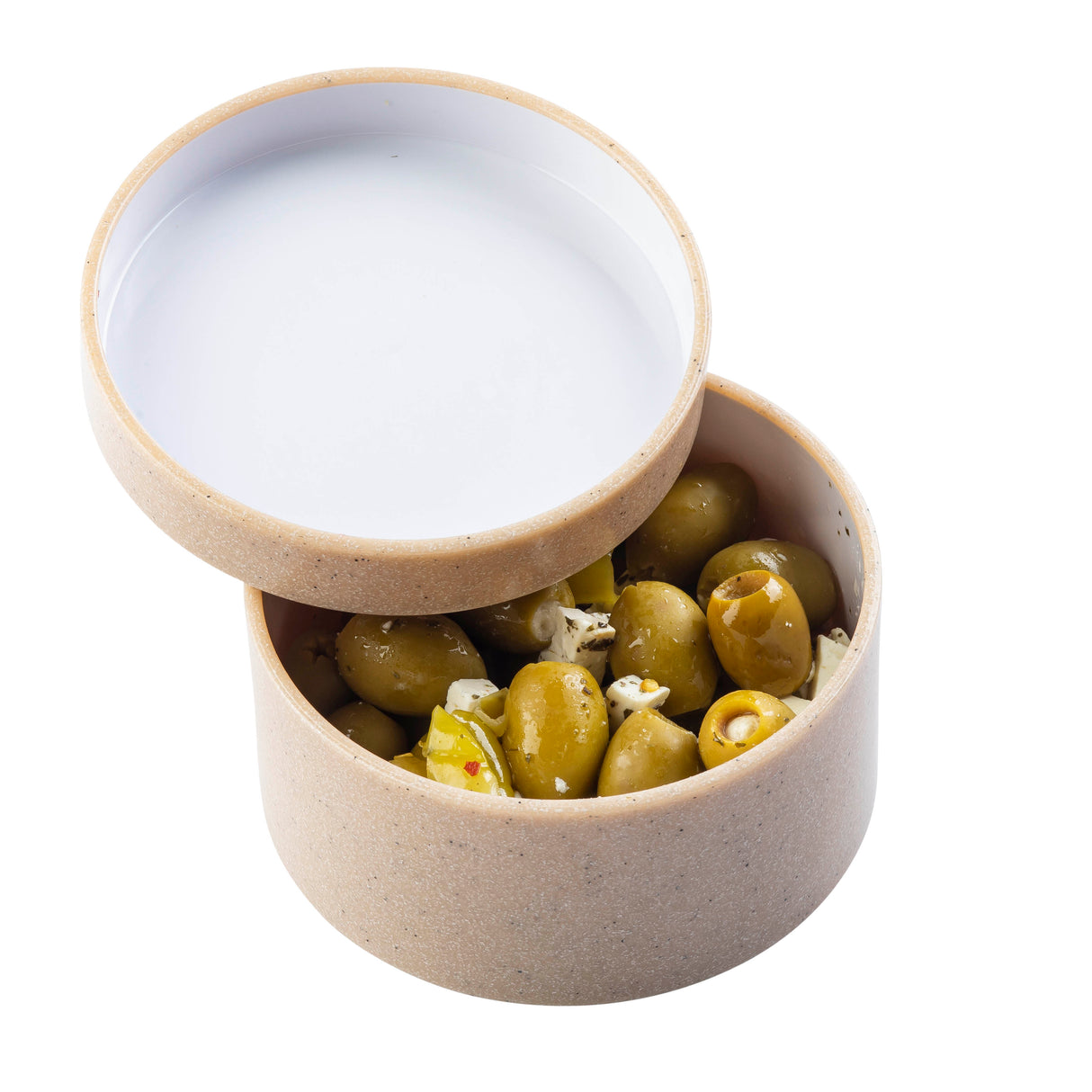 A round beige stackable bowl with a matching lid, partially open to reveal green olives, cheese, and red pepper. Made from durable styrene plastic, this dishwasher safe bowl sits on a white background.
