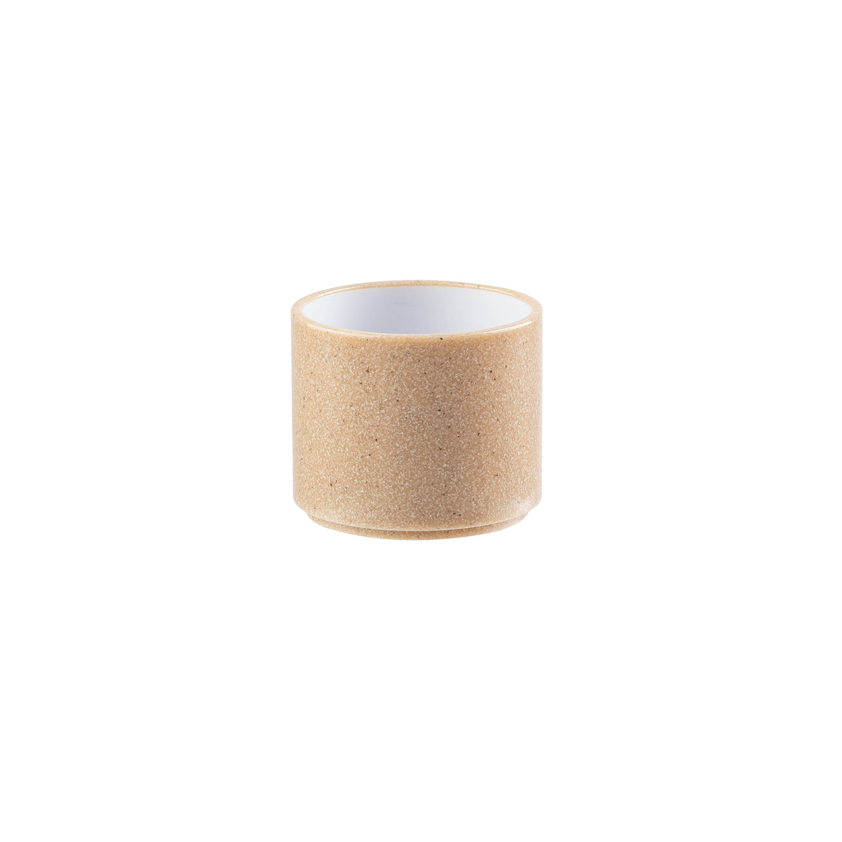 A small, cylindrical bowl with a textured, light brown exterior and smooth white interior sits centered on a plain white background. The simple, modern design suggests it could be used as a cup, planter, holder—or even stacked for easy storage.