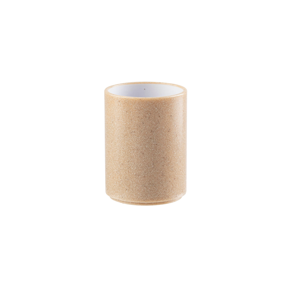 A beige, cylindrical ceramic cup with a smooth, unglazed exterior and a glossy white interior stands upright on a plain white background. Its simple, minimalist design pairs well with stackable bowls for an effortlessly organized look.