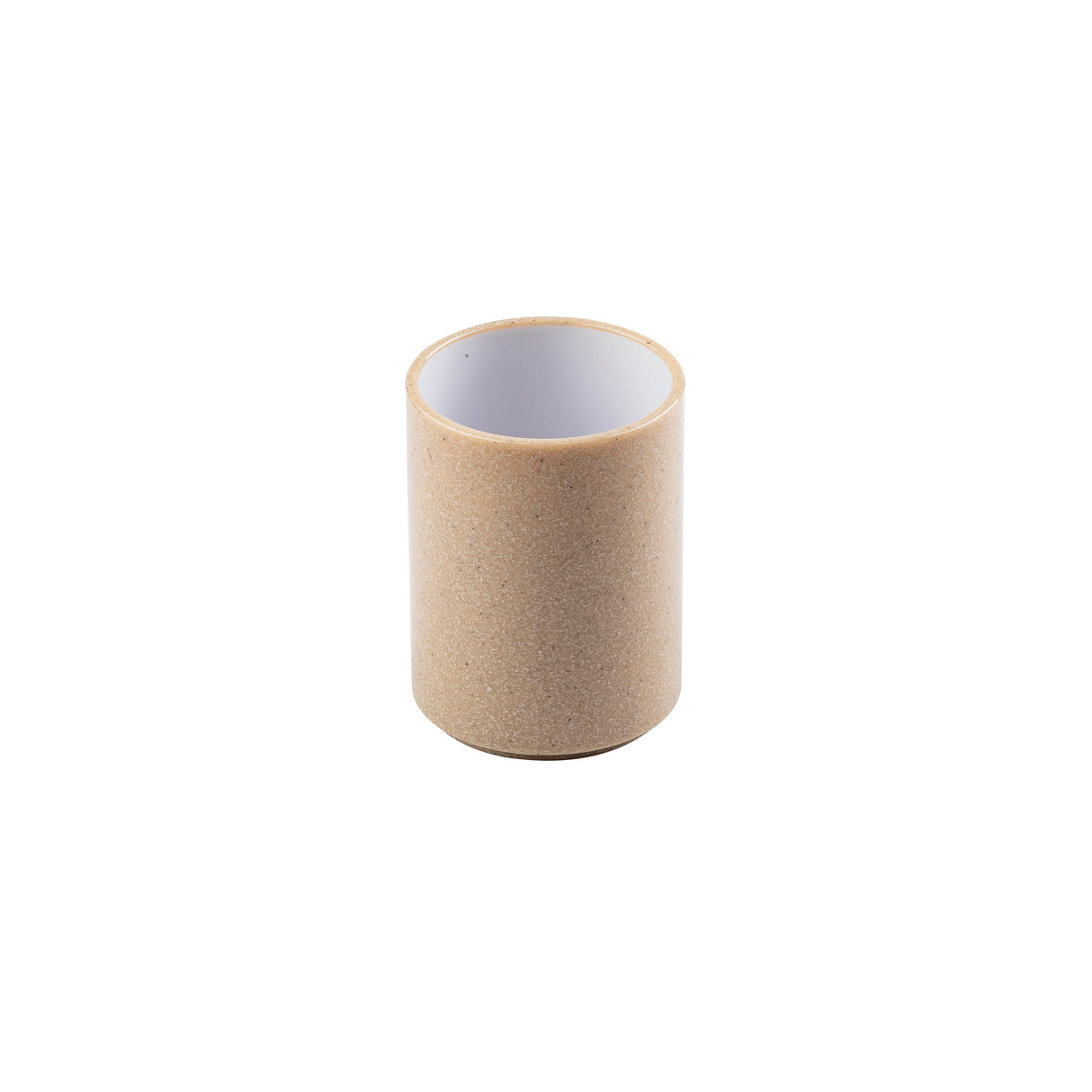 A cylindrical beige cup with a smooth, matte exterior and a glossy white interior, photographed against a plain white background. Resembling a stackable bowl, this minimalist cup has no handles or visible decoration.