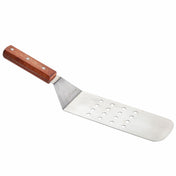 A stainless steel turner with a wide, rectangular, slotted blade featuring rows of holes and a wood handle secured by three rivets. The angled spatula is photographed on a white background.