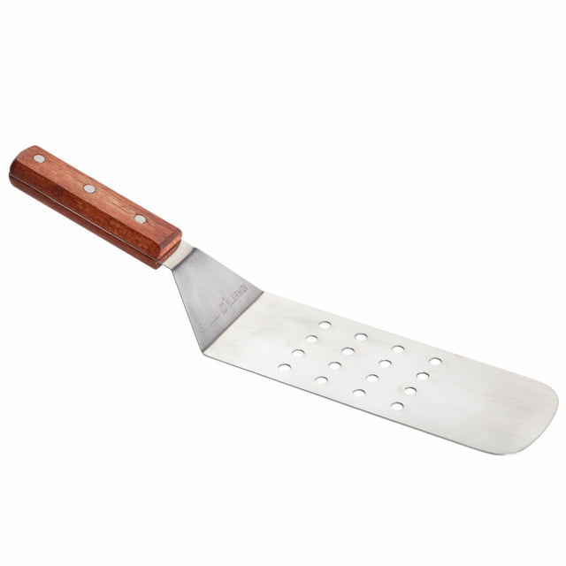 A stainless steel turner with a wide, rectangular, slotted blade featuring rows of holes and a wood handle secured by three rivets. The angled spatula is photographed on a white background.