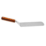 A stainless steel turner featuring a flat, perforated rectangular blade with evenly spaced holes and a slightly rounded edge. The wood handle is secured with three metal rivets for durability and comfort.