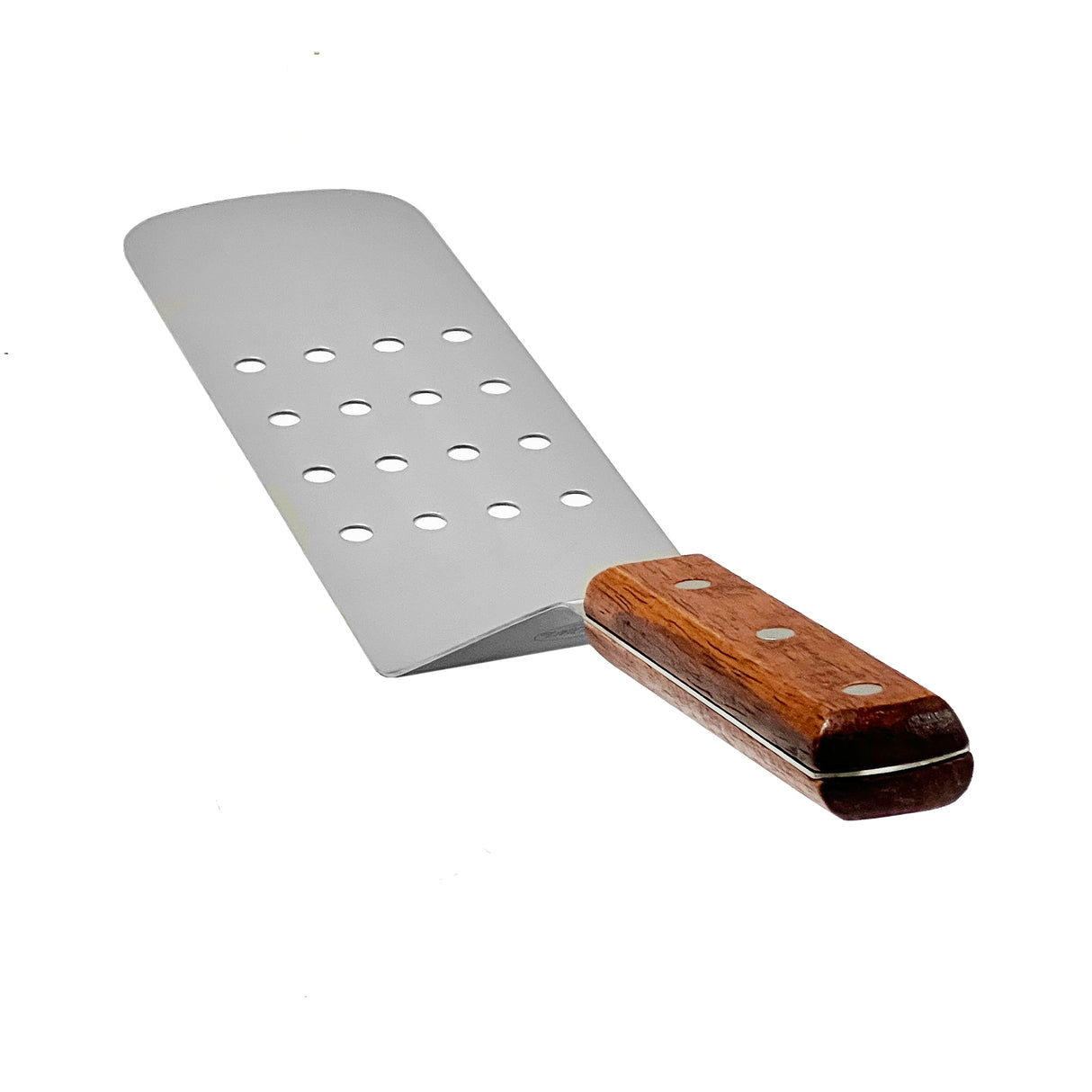 A stainless steel turner featuring a wide, flat, perforated blade and a brown wood handle with two metal rivets, shown against a white background.