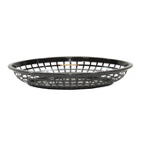 A black, round polypropylene basket with a grid-like open weave pattern. The shallow basket sits on a white background, empty to display its structure and flat base. Durable and dishwasher safe for easy cleaning.