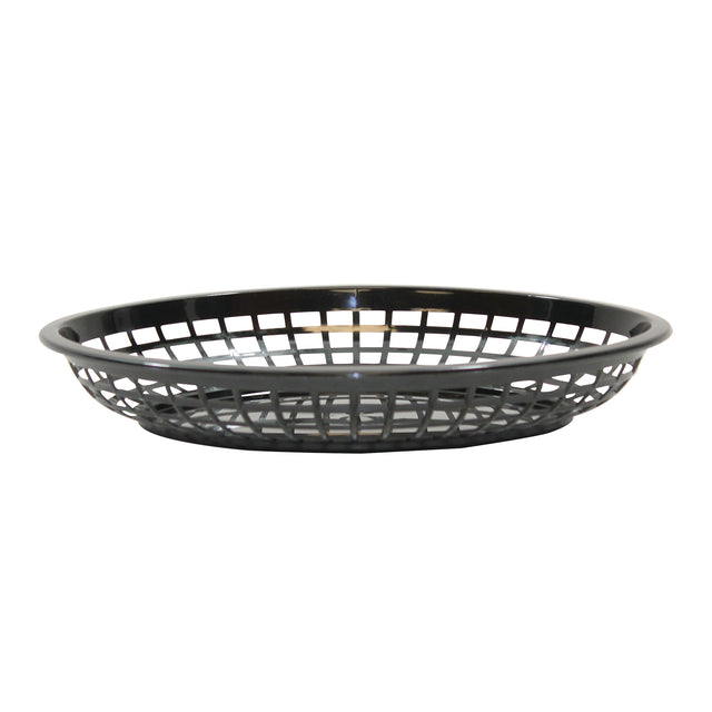 A black, round polypropylene basket with a grid-like open weave pattern. The shallow basket sits on a white background, empty to display its structure and flat base. Durable and dishwasher safe for easy cleaning.