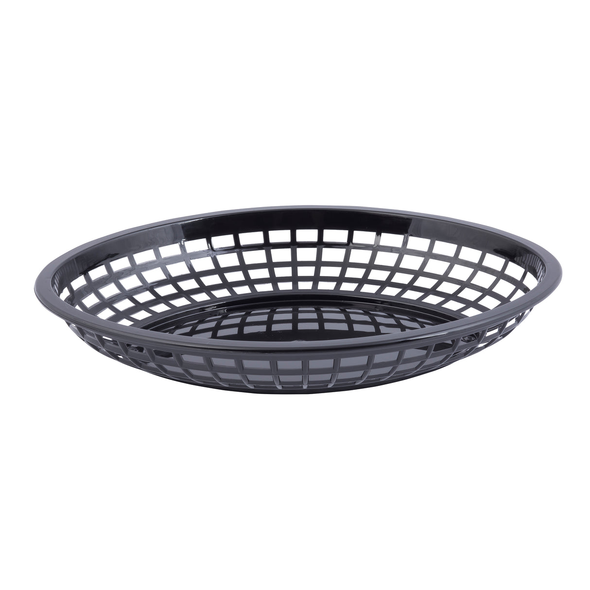 A black, round polypropylene basket with an open grid design. This shallow basket has raised edges, making it ideal for serving bread or fruit. It is dishwasher safe and photographed against a plain white background.