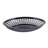 A black, round polypropylene basket with an open grid design. This shallow basket has raised edges, making it ideal for serving bread or fruit. It is dishwasher safe and photographed against a plain white background.