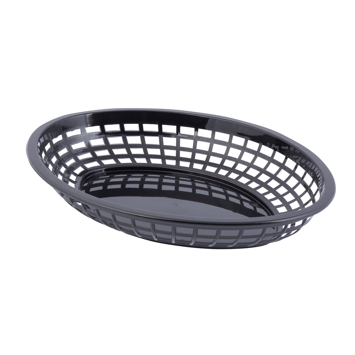 A black, oval-shaped polypropylene basket with an open grid design on the sides and a solid base, photographed on a white background. Dishwasher safe, the basket is empty and slightly tilted, showcasing its lightweight and ventilated structure.