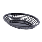 A black, oval-shaped polypropylene basket with an open grid design on the sides and a solid base, photographed on a white background. Dishwasher safe, the basket is empty and slightly tilted, showcasing its lightweight and ventilated structure.
