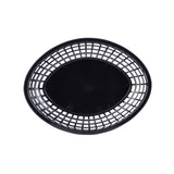 A black, oval-shaped polypropylene basket with a solid base and a grid-like, open-weave pattern around the sides, shown from above on a white background.
