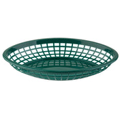 A dark green, oval-shaped polypropylene basket with an open grid design on the sides and base, viewed from an angle. The basket is empty, dishwasher safe, and its smooth rim and ventilated structure are clearly visible against a white background.