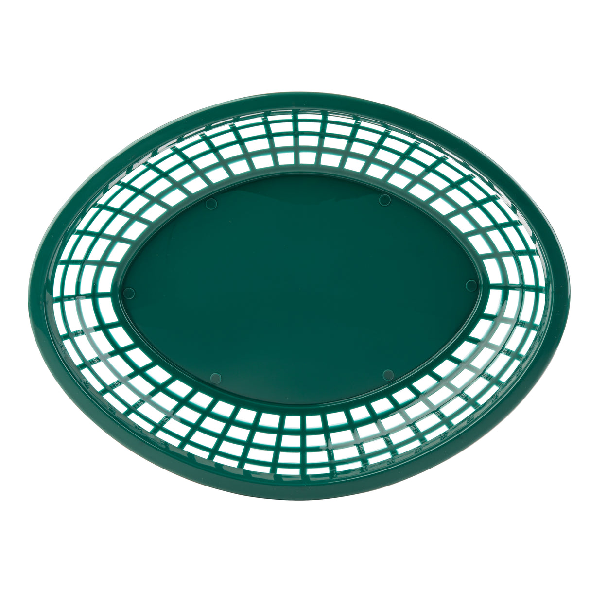 A green, oval-shaped polypropylene basket with a solid center and a grid-like, open lattice pattern around the edges, shown from a top-down view against a white background. This basket is also dishwasher safe for easy cleaning.