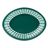 A green, oval-shaped polypropylene basket with a solid center and a grid-like, open lattice pattern around the edges, shown from a top-down view against a white background. This basket is also dishwasher safe for easy cleaning.