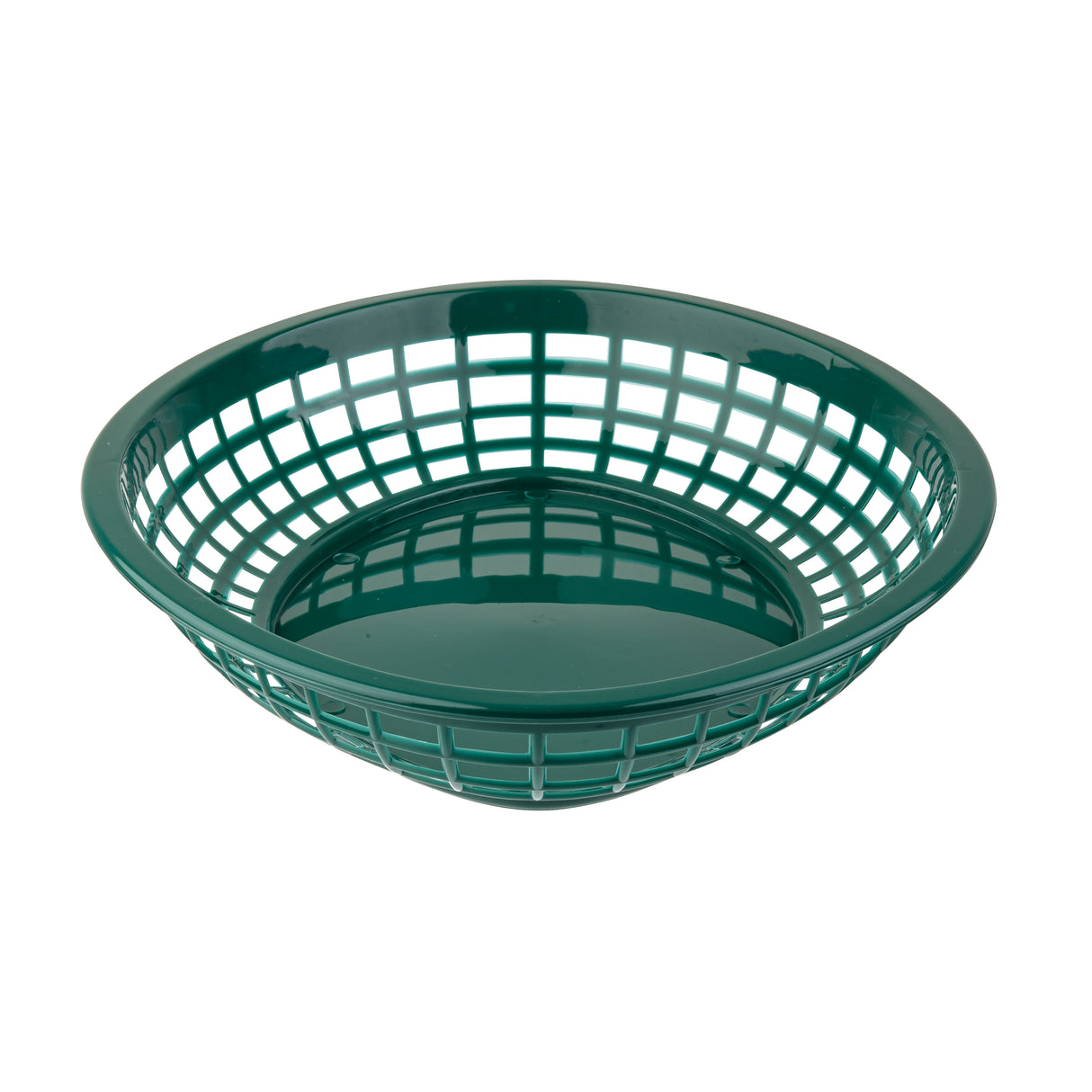 A green, oval-shaped polypropylene basket with a grid-like, open-weave pattern on the sides and a solid base, photographed on a white background.