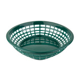 A green, oval-shaped polypropylene basket with a grid-like, open-weave pattern on the sides and a solid base, photographed on a white background.