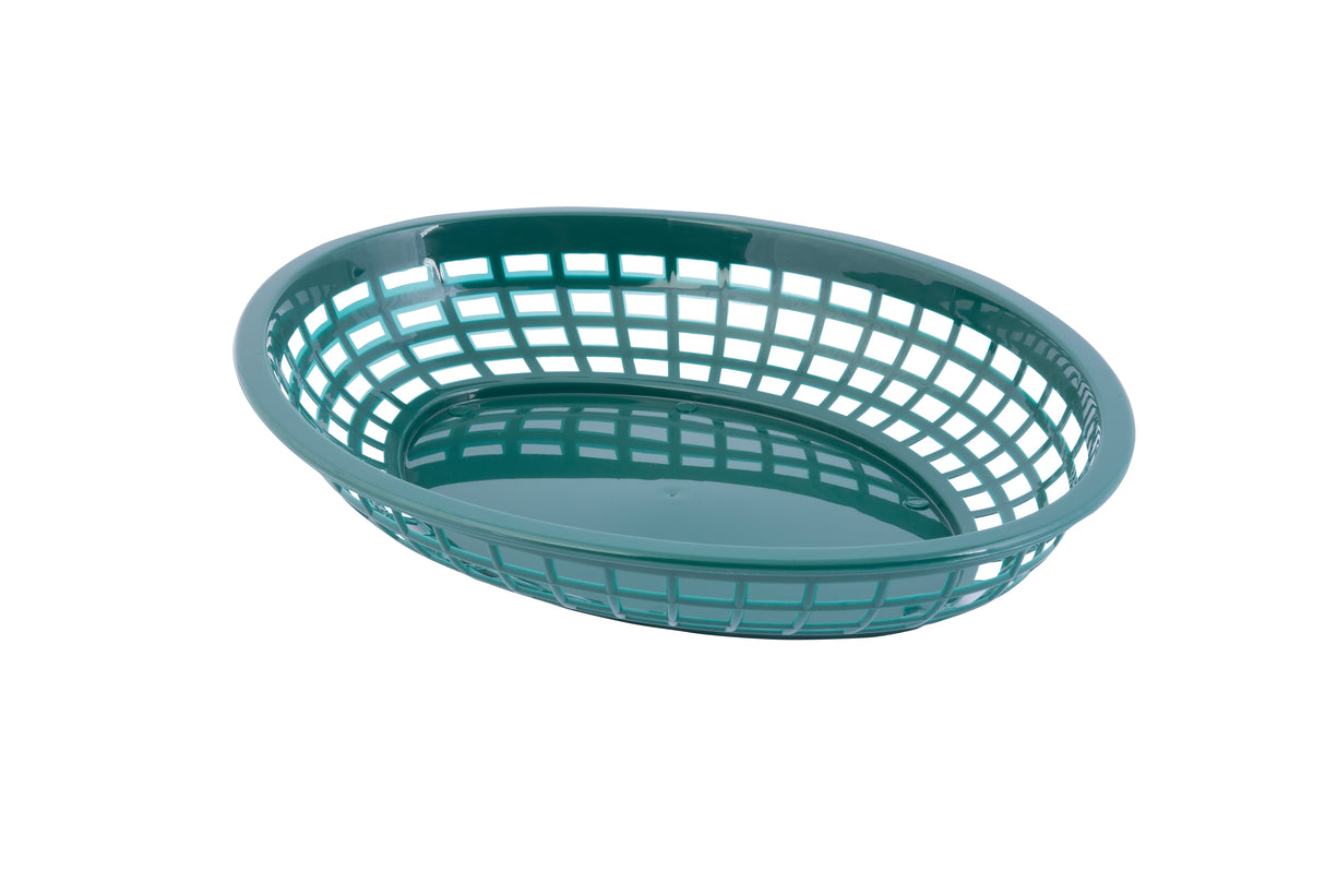 A green polypropylene oval basket with an open grid design on the sides and a solid bottom, shown against a white background. The basket is empty and slightly tilted, providing a clear view of its interior and lattice pattern.