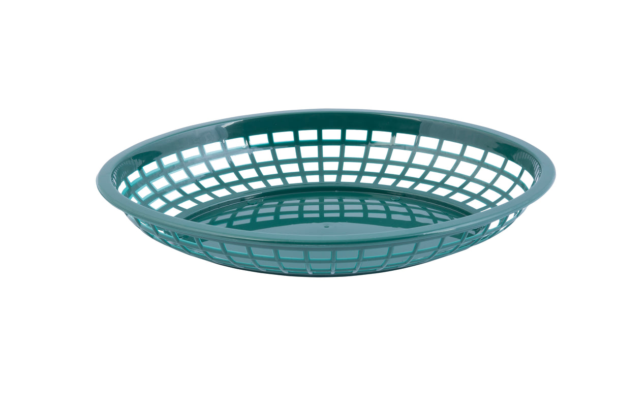 A round, teal-colored polypropylene basket with an open grid design and solid rim is shown on a white background. Lightweight and empty, this basket is dishwasher safe and ideal for holding or serving food items.