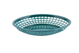 A round, teal-colored polypropylene basket with an open grid design and solid rim is shown on a white background. Lightweight and empty, this basket is dishwasher safe and ideal for holding or serving food items.