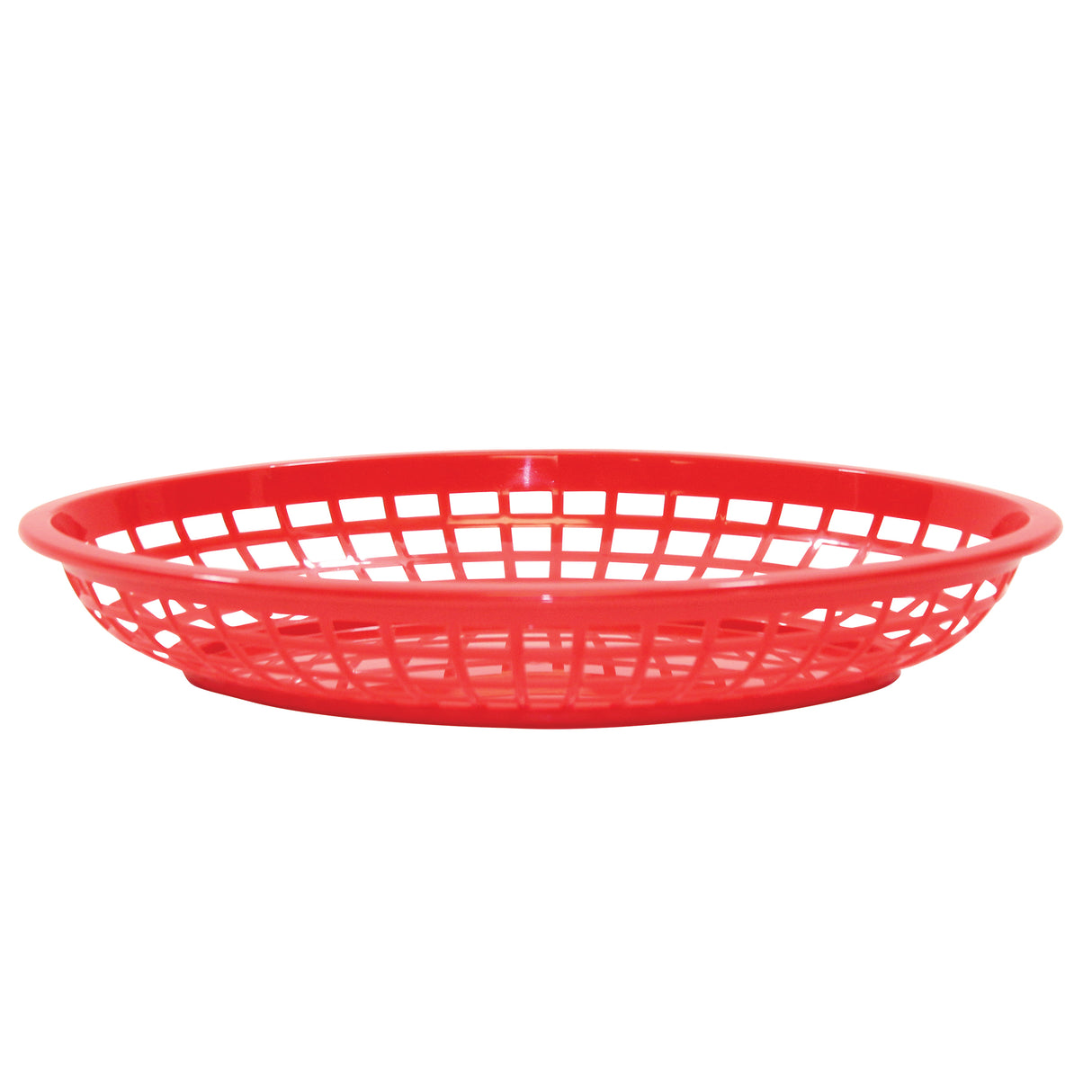 A round, red polypropylene basket with an open grid pattern and shallow sides is shown on a white background. The basket’s rim is smooth and slightly wider than the base; its simple, utilitarian design is also dishwasher safe.