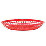 A round, red polypropylene basket with an open grid pattern and shallow sides is shown on a white background. The basket’s rim is smooth and slightly wider than the base; its simple, utilitarian design is also dishwasher safe.