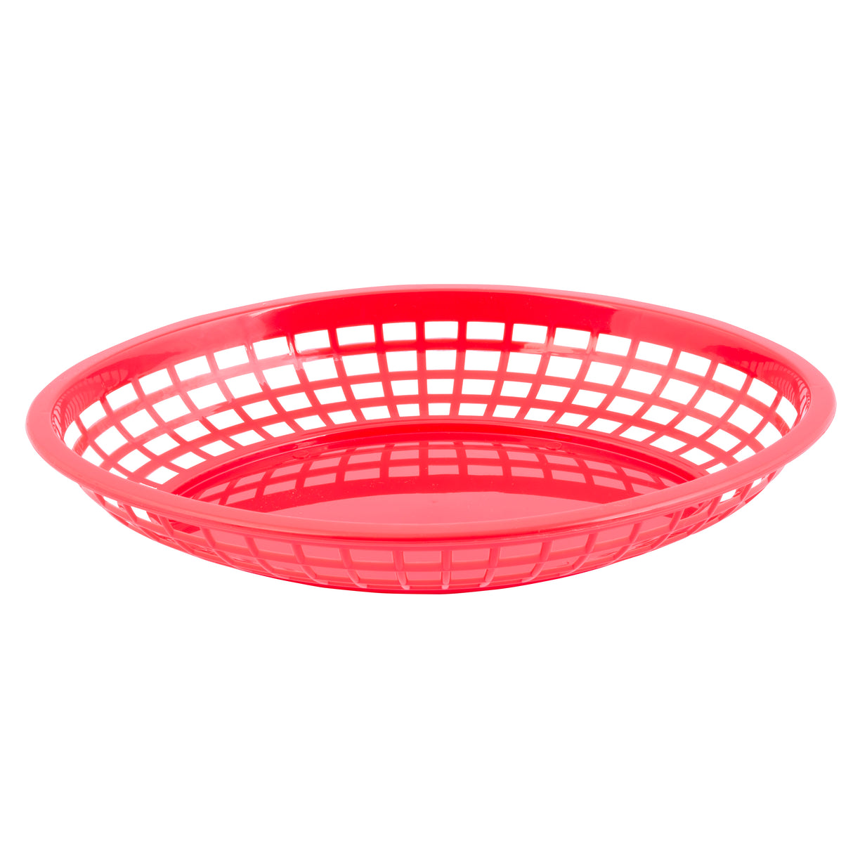 A red, oval-shaped polypropylene basket with a grid pattern of open squares on the sides and bottom, set against a plain white background. Dishwasher safe and empty, it’s typically used for serving food like fries or sandwiches.