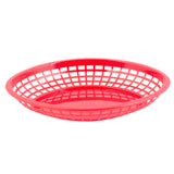 A red, oval-shaped polypropylene basket with a grid pattern of open squares on the sides and bottom, set against a plain white background. Dishwasher safe and empty, it’s typically used for serving food like fries or sandwiches.