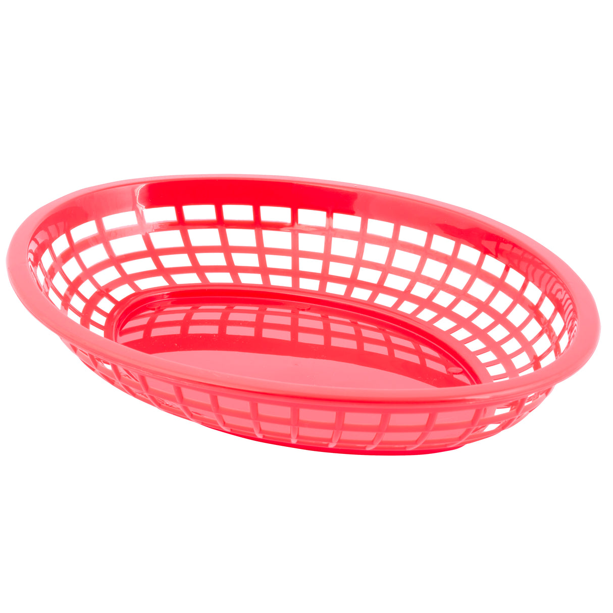 A bright red, oval-shaped polypropylene basket with a grid pattern, open slats on the sides, and a solid bottom. The basket is empty and placed against a plain white background.