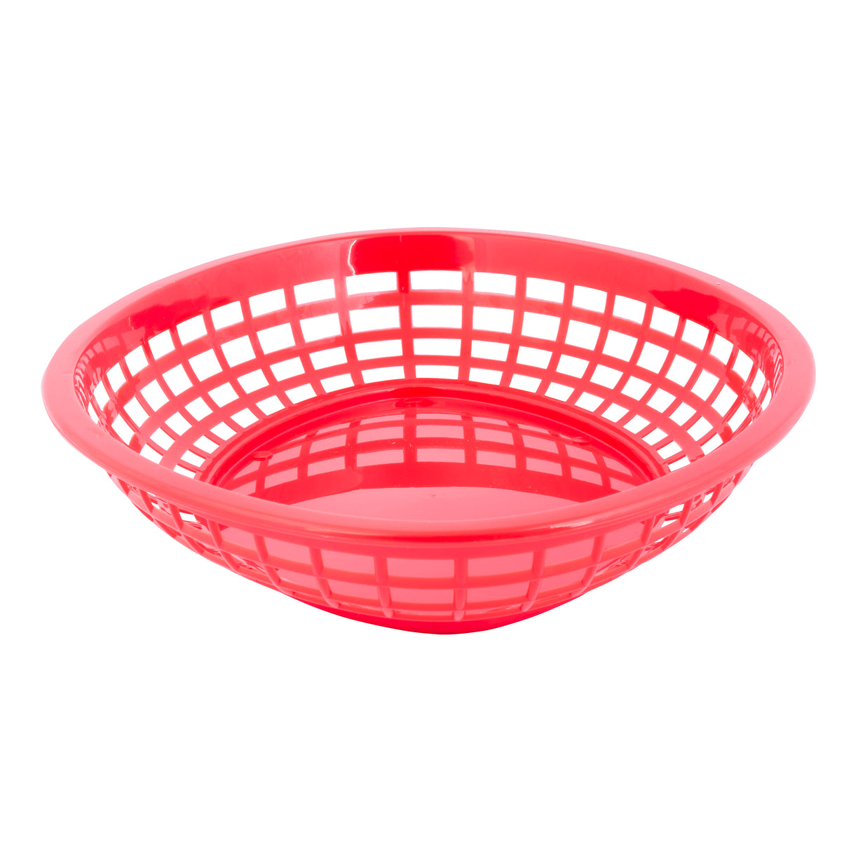 A red, round polypropylene basket with a lattice design and solid base sits against a white background. Lightweight and shallow, this dishwasher safe basket is ideal for serving fries or bread.
