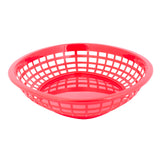 A red, round polypropylene basket with a lattice design and solid base sits against a white background. Lightweight and shallow, this dishwasher safe basket is ideal for serving fries or bread.