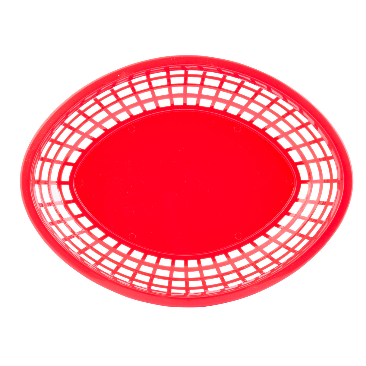 A bright red, oval-shaped polypropylene basket with a solid base and open grid sides, shown from above on a white background. The basket is empty and dishwasher safe.