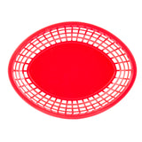 A bright red, oval-shaped polypropylene basket with a solid base and open grid sides, shown from above on a white background. The basket is empty and dishwasher safe.
