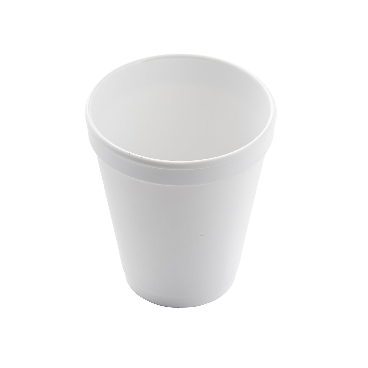 A plain, white, empty 8 oz. cup is shown on a white background. The cup is viewed from a slight angle above, highlighting its smooth surface and cylindrical, tapered shape.
