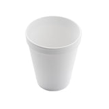 A plain, white, empty 8 oz. cup is shown on a white background. The cup is viewed from a slight angle above, highlighting its smooth surface and cylindrical, tapered shape.