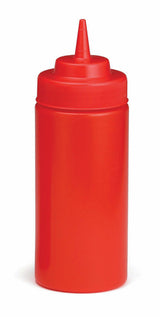 A plain, red, cylindrical ketchup bottle with a pointed nozzle and screw-on cap stands upright against a white background. This WideMouth Squeeze Bottle is typically used for condiments and is dishwasher safe for easy cleaning.