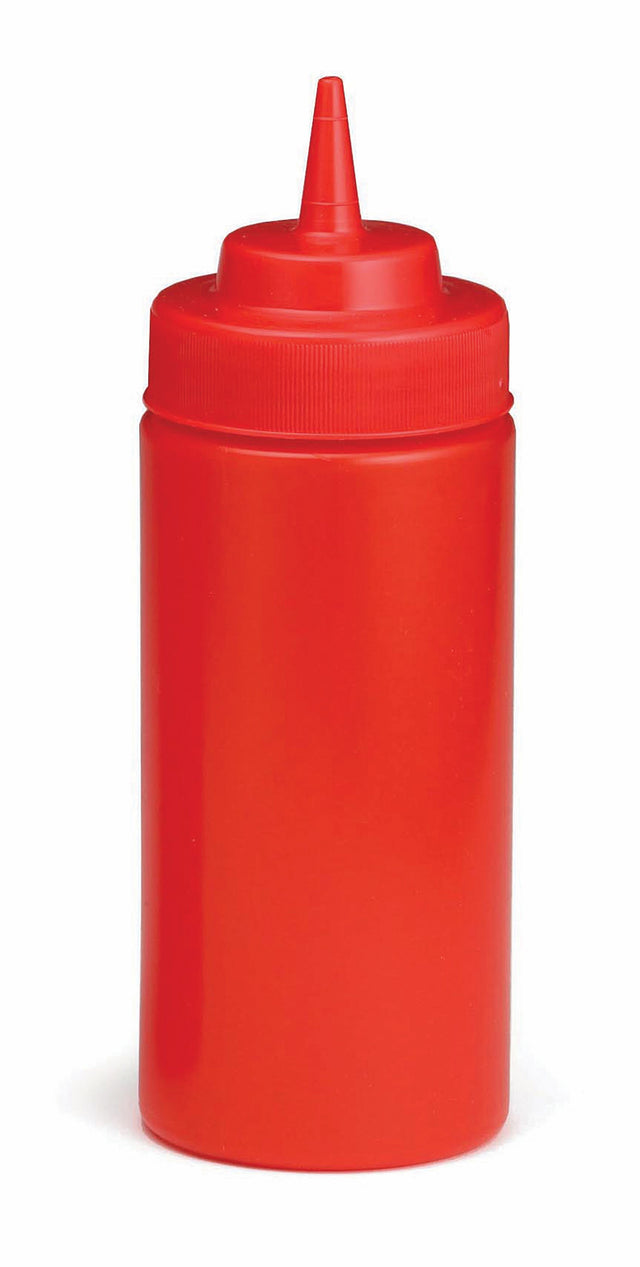 A plain, red, cylindrical ketchup bottle with a pointed nozzle and screw-on cap stands upright against a white background. This WideMouth Squeeze Bottle is typically used for condiments and is dishwasher safe for easy cleaning.