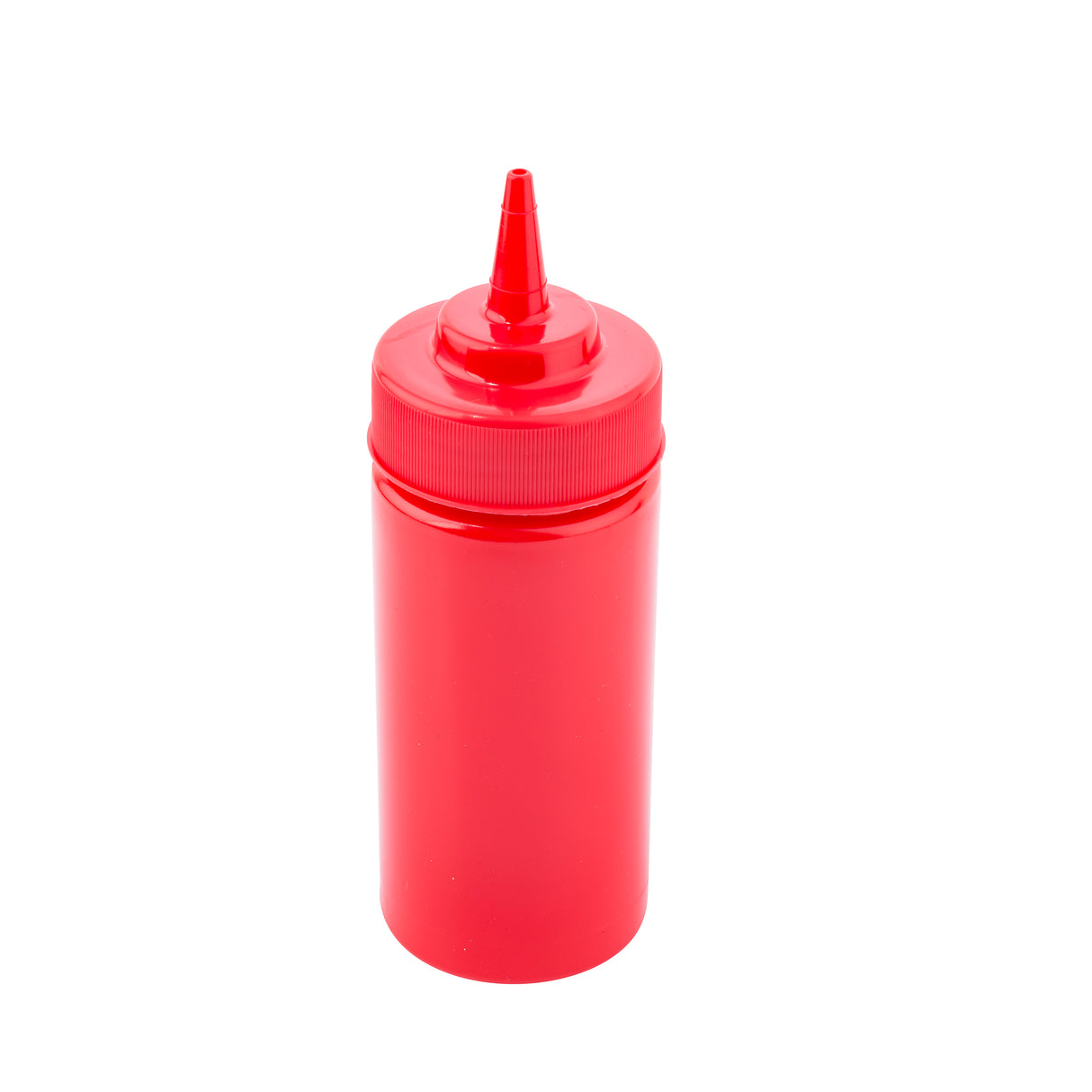 A bright red ketchup bottle, this WideMouth Squeeze Bottle features a pointed nozzle and screw-on cap. Dishwasher safe, it stands upright against a plain white background—perfect for condiments like ketchup.