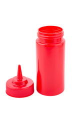 A bright red WideMouth Squeeze Bottle with a ridged, pointed nozzle cap placed beside it. This ketchup bottle is open, showing its wide mouth and stands upright on a plain white background. It’s dishwasher safe for easy cleaning.